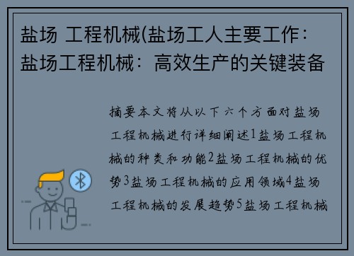 盐场 工程机械(盐场工人主要工作：盐场工程机械：高效生产的关键装备)
